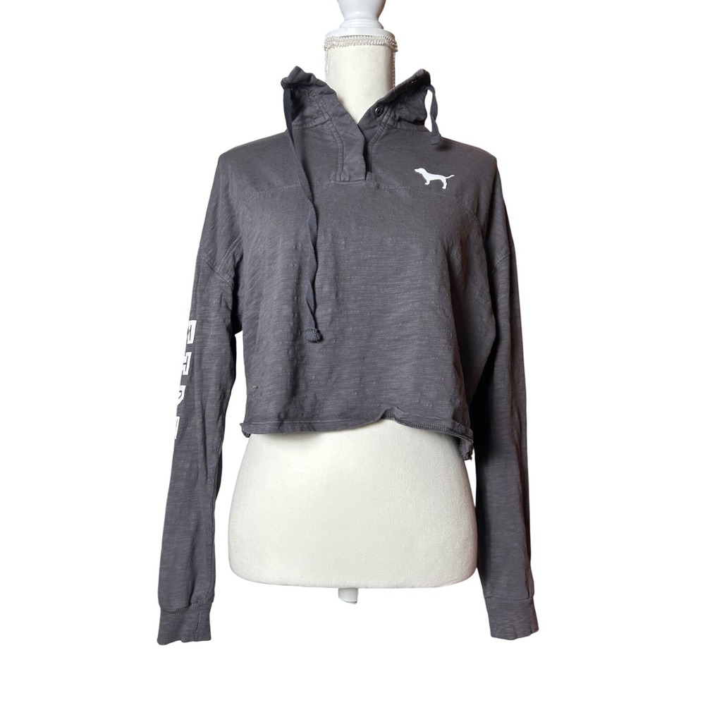 PINK‎ Victoria's Secret Varsity Cropped Gray Hoodie Long Sleeve Pullover Top